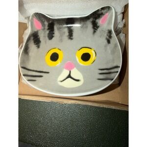 Cat Face Ceramic Trinket Dish Gray Tabby Cat Head Whimsical Decor New